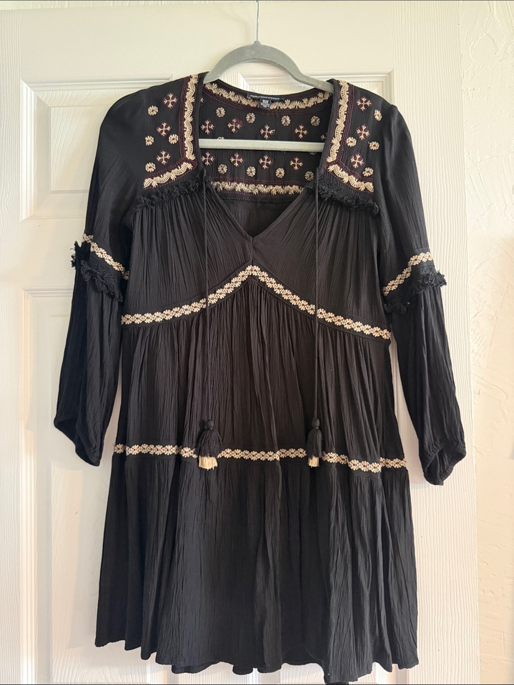 Black Boho Embroidered Peasant Tunic Dress